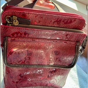 Relic Burgundy Red Paisley Crossbody Bag Brown leather straps